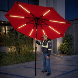 New In Box 9 Feet Diameter Tilt Crank Outdoor Patio Umbrella With Solar LED Strip Light Red Or Navy Blue Color Stand Not Included 