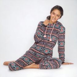 SO Intimates One Piece Hooded Plush Onesie Womens Pajamas with Pockets Size L