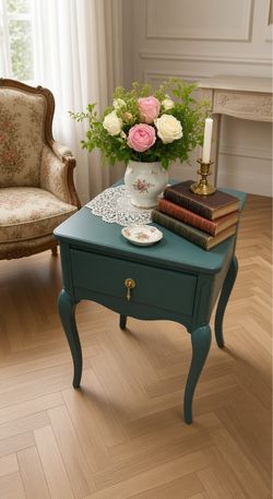 Refinished Vintage Mersman French Provincial Nightstand - Teal Green Brass Pull