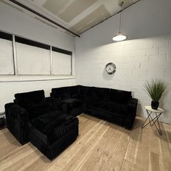 Fluffy Black Corduroy Sectional Sofa