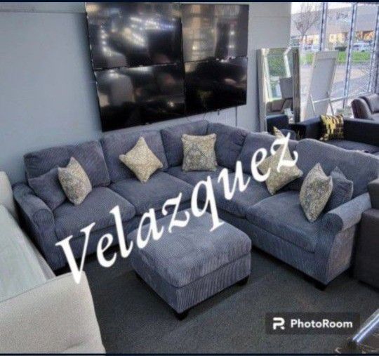 ✅️4 pc dark grey corduroy fabric sectional sofa with rounded arms and ottoman✅️✅️