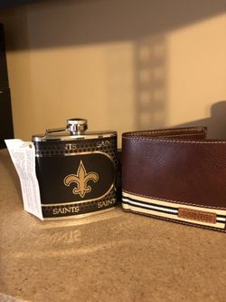 New Orleans Saints 6 oz stainless steel flask and bifold leather wallet