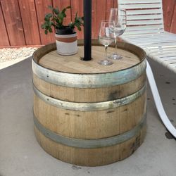 Wine Barrels, Stand and Umbrella Holder. 