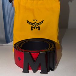 MCM Red Reversible Leather Belt Size 38