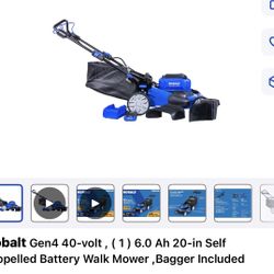 Kobalt Gen4 40-volt, (1) 6.0 Ah 20-in Self Propelled Battery Walk Mower ,Bagger Included