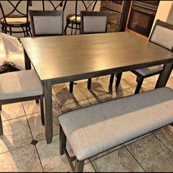 ✅️✅️6 bridget  ii two tone finish wood dining table set and bench ✅️