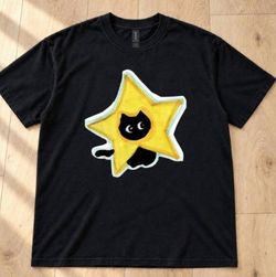 Black Graphic T-Shirt Cat Star Print