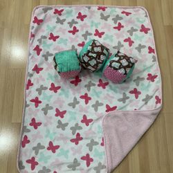 Carter's Velour Sherpa Blanket, Pink Butterfly blanket and 3 handmade soft baby blocks- like new!