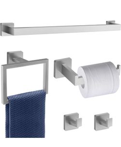 5 Piece Brushed Nickel Towel Bar Set Bathroom Hardware Set Brushed Nickel Bathroom Accessories Set with 2 Towel Hook, Stainless Steel Wall Mounted Bat