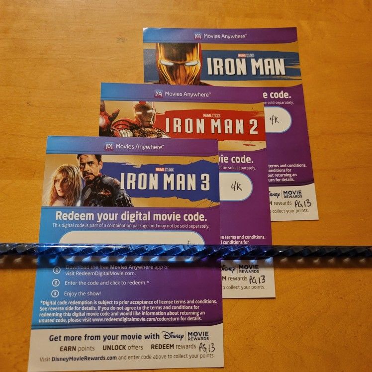$18 4K DIGITAL MOVIE CODES , IRON MAN , IRON MAN 2 , IRON MAN 3. $18 OR TRADE