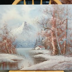 Beautiful Painting Framed Cabin On Frozen Lake In Mountains By M Dianne 24" X 20"