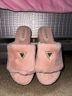 Pink Guess furry platform sandals