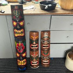 1 Wooden Tiki  Mask  Hibiscus And Hanno 39“ X 6“ And 2   24” X 6”