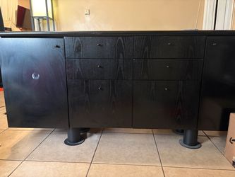 Black Wood Grain Sideboard with Drawers and Cabinet