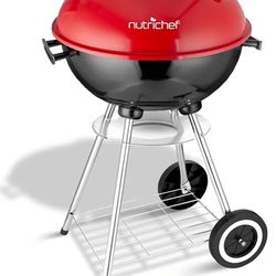 NutriChefKitchen Portable Outdoor Charcoal BBQ Grill, Stainless Steel Charcoal Grill Offset Smoker with Ash Catcher and Red Cover & 16 Lb Bag Charcoal