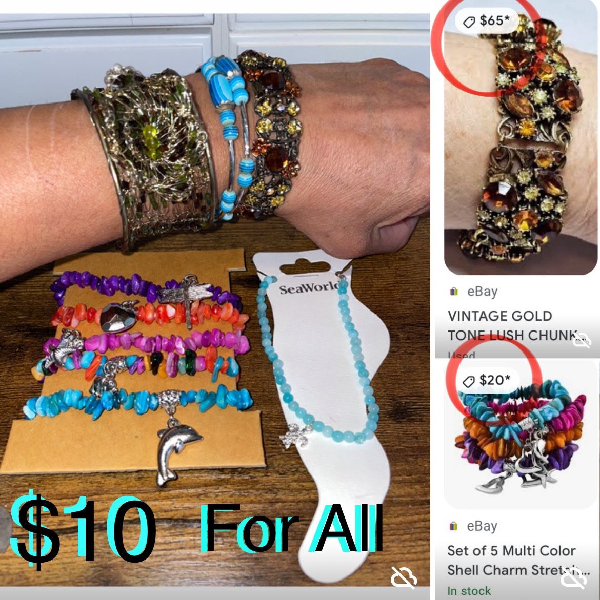 $10 For all Beautiful Bracelets some Vintage,Sea World ankle bracelet,set of colorful charm bracelet