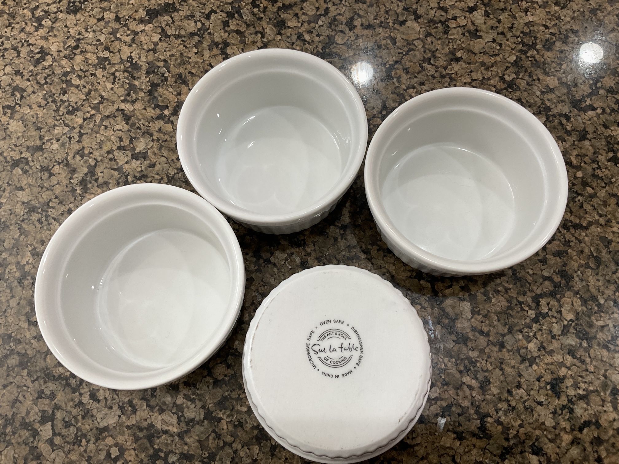 (4) White 6oz Ramekin Dishes Crème Brûlée, Soufflé - Sur La Table Dishwasher, microwave, oven safe