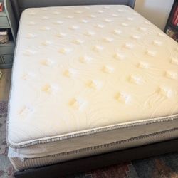 Like new QUEEN grey upholsteted bed frame, mattress and box spring