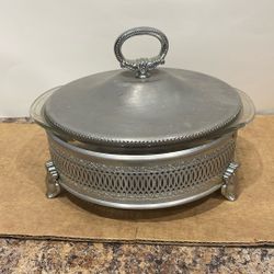 Vintage Casserole Baking w/Chrome Serving Stand and Lid