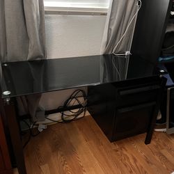 Modern Black Glass Desk w/ Drawer + Filing Cabinet