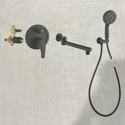 Single-Handle Wall-Mount Roman Tub Faucet with A Long Spout and Round Handheld Shower in Black