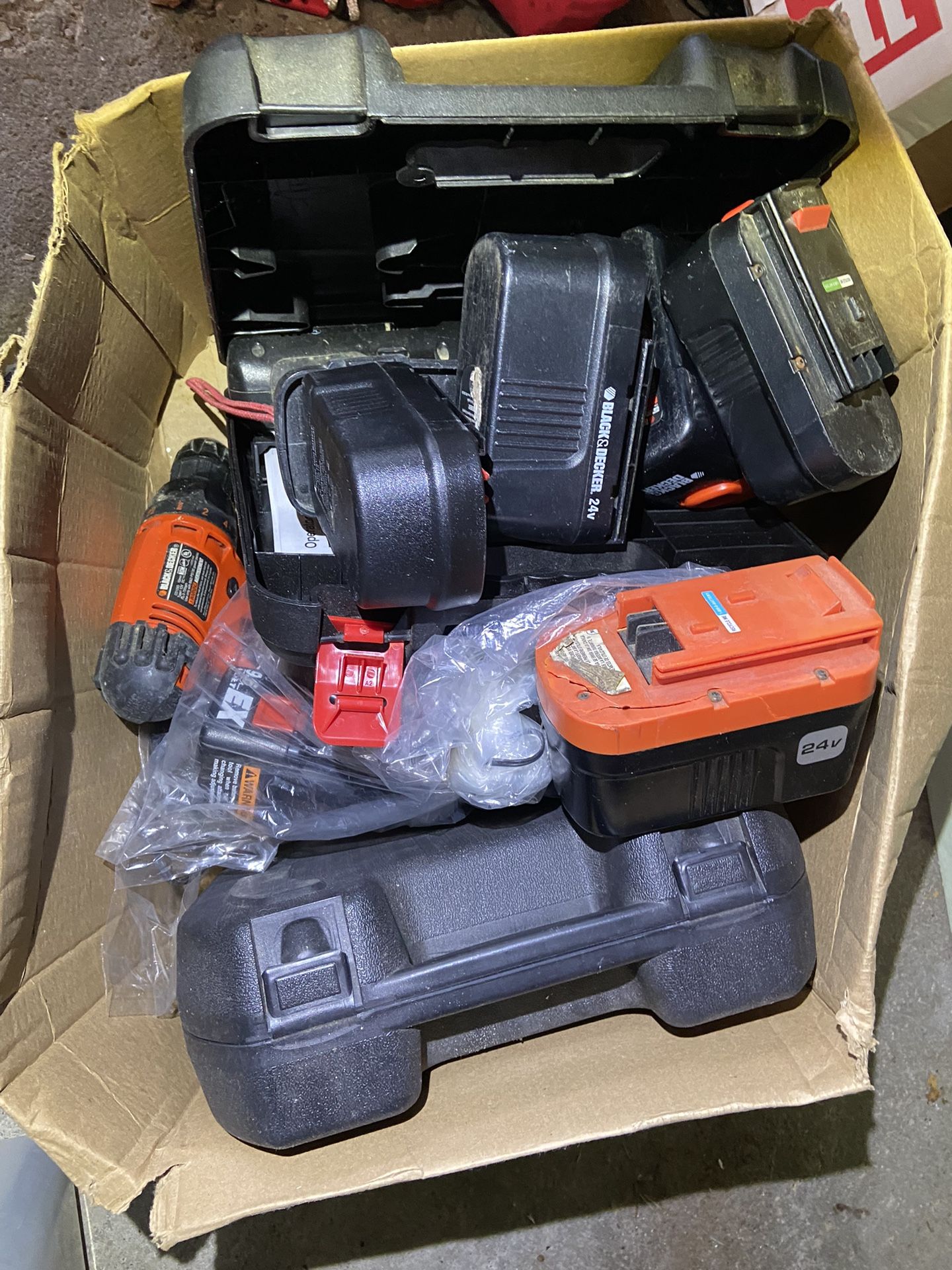 Box Full Of 7 To 24 Volt Power Drills And Batteries Black Decker One Lot