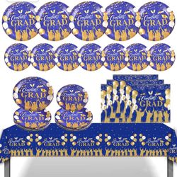 Graduation Party Supplies plates and napkins Blue Disposable Dinnerware Paper Tablecloth Congrats Grad Party Decorations