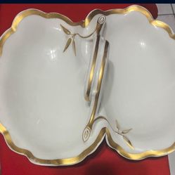 Antique Large 2 Part Divided Gold Trimmed White Porcelain Serving Dish Platter