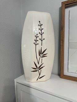 Large Ivory Ceramic Decorative Vase with Brown Botanical Design – 20” Tall