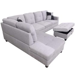 Gray white. Sectional Couch with Ottoman.New