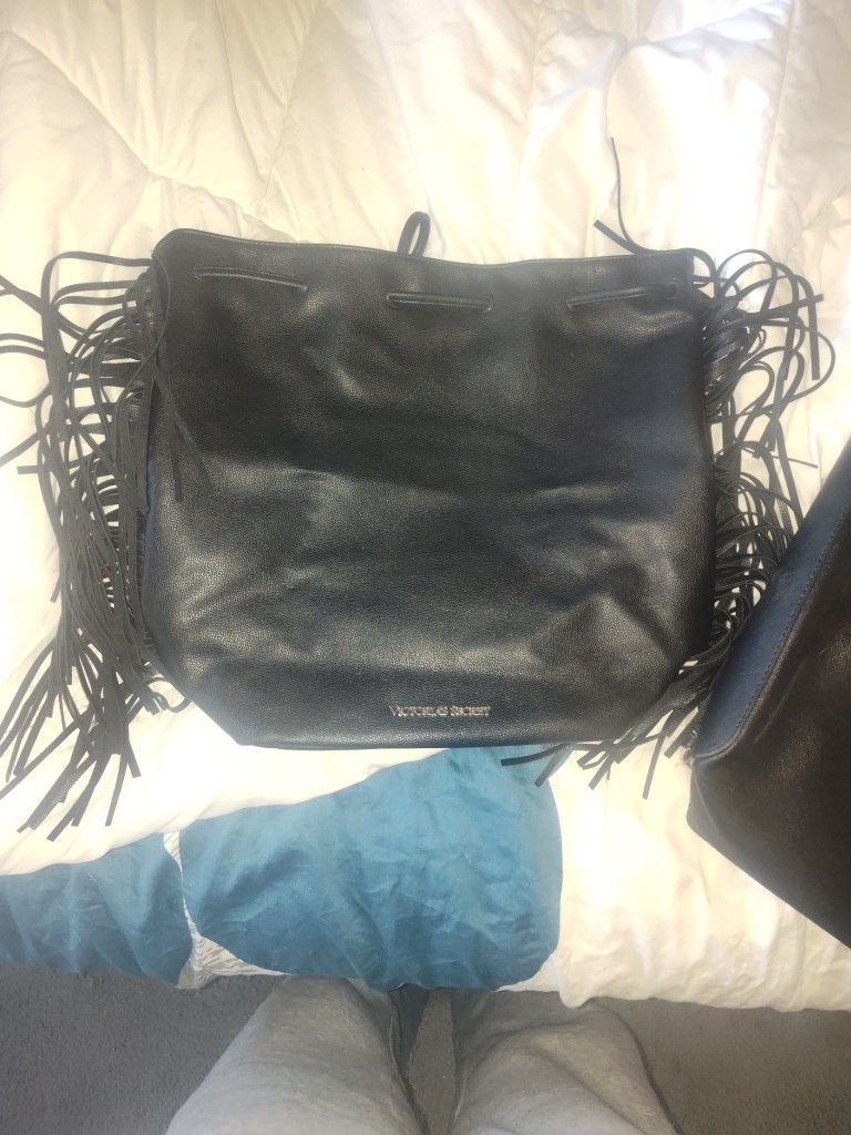 Black Leather Victoria's Secret Bag With Fringes On Sides