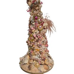 handcrafted  pink seashell  Christmas tree with vintage jewelry 