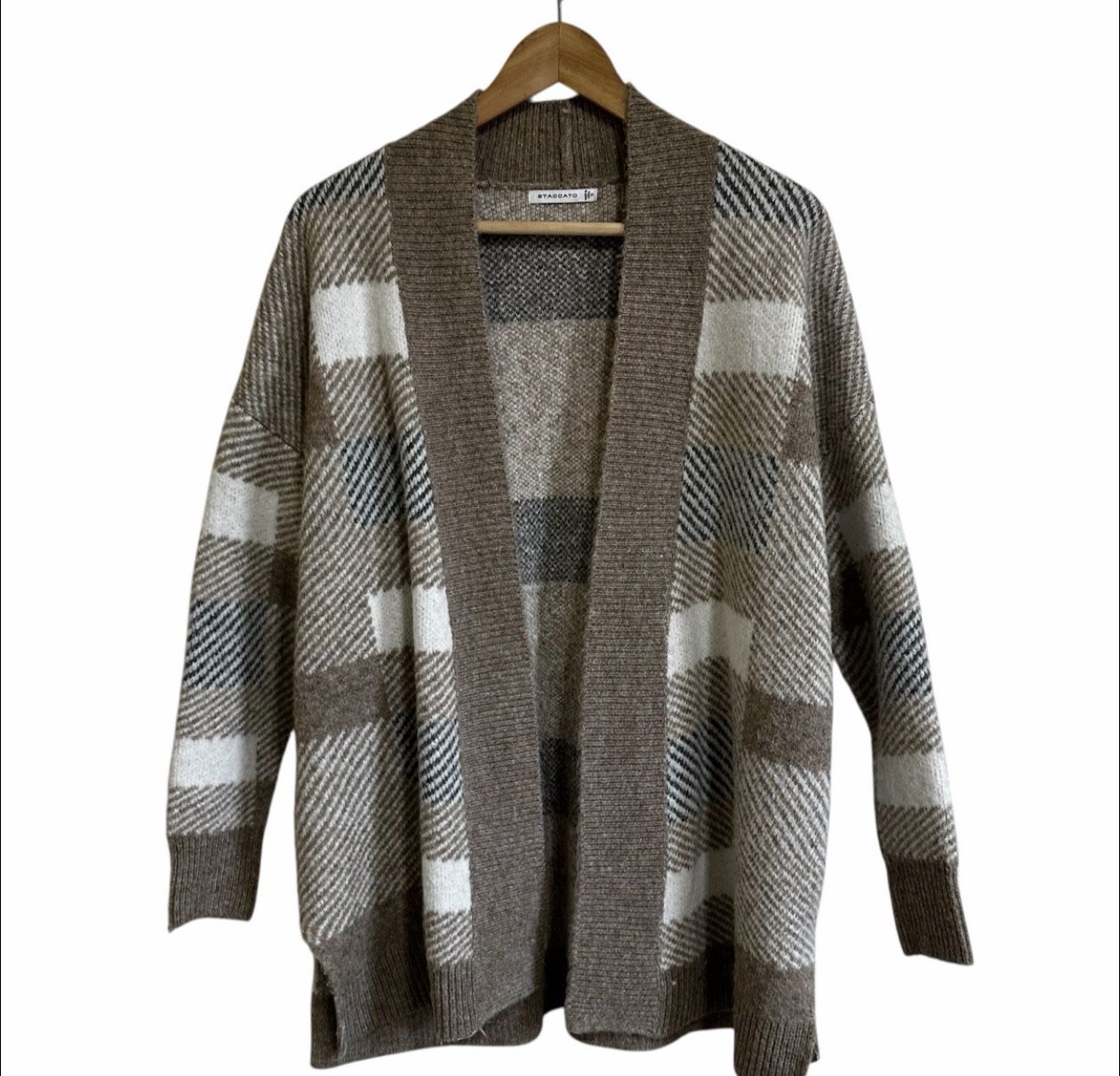 Staccato Plaid Cardigan Sweater Open Front Knit Duster Cozy Brown Size S