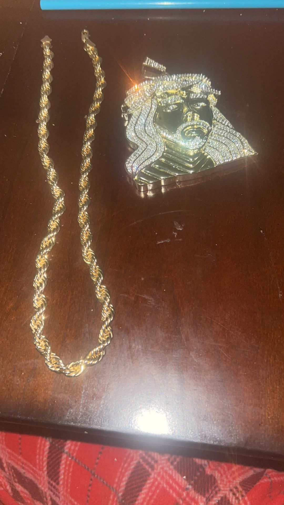 Gold Plated Rope Chain And Jesus Pendant.