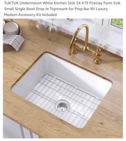 R241910 Undermount White Kitchen Sink 24 X19 Fireclay Farm Sink Small Single Bowl Drop In Topmount for Prep Bar RV Luxury Modern Accessory Kit Include