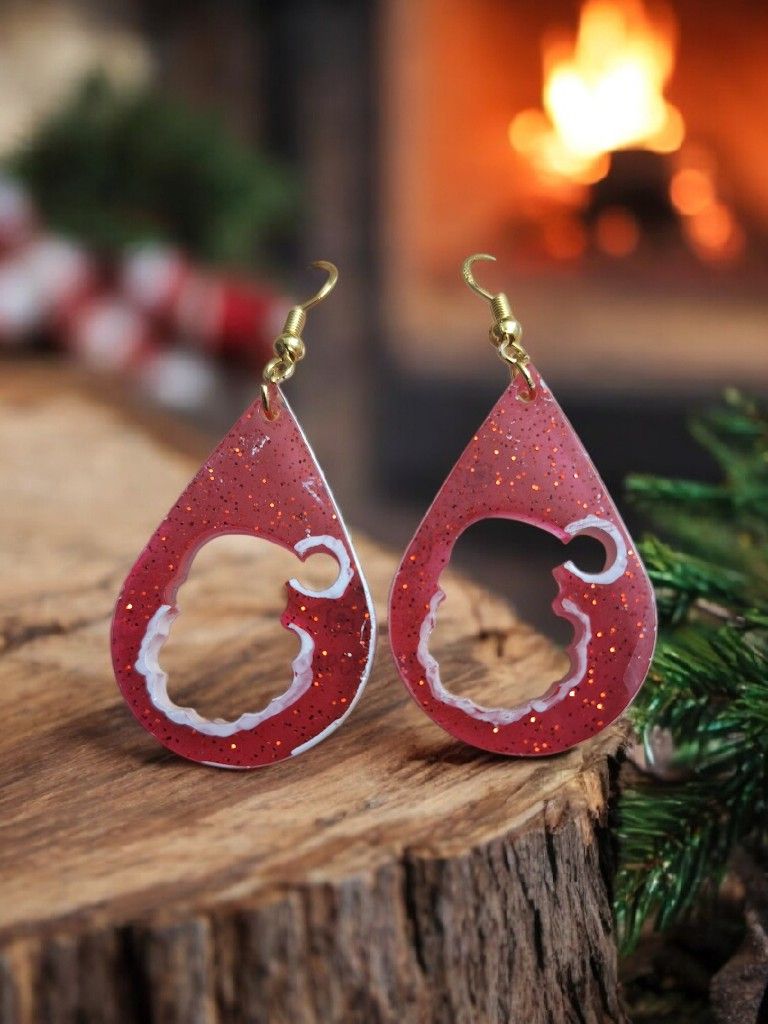 Santa’s Magic Glow: Red Glitter Silhouette Teardrop Earrings (Glow-in-the-Dark)