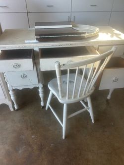 Antique desk, chair, and mirror