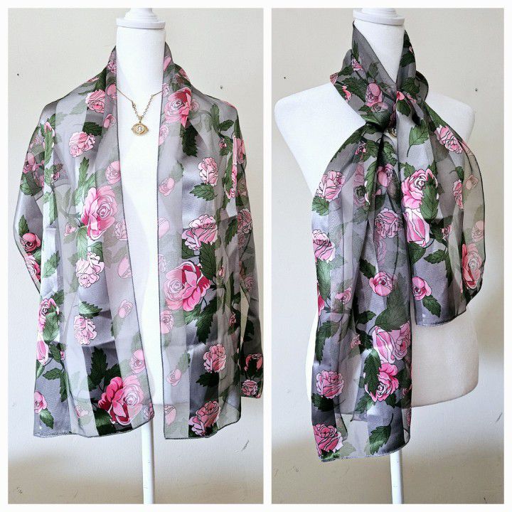 58"×13" Grey Silver Scarf with Pink Roses Design Pattern Silk Feel 100% Polyester Unisex Scarf. See Through. New without tags!  

Ma