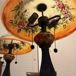 Pair of Hand-Painted Floral Glass Lamps - Vintage Style