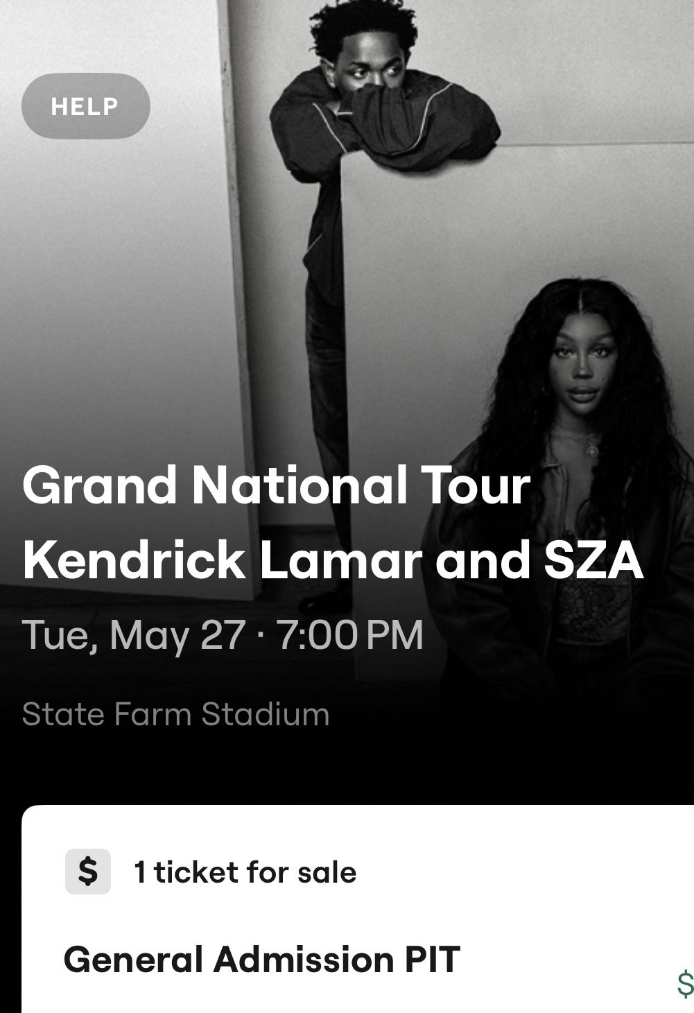 Kendrick Lamar And Sza Grand National Tour GA Pit / Energy Floor