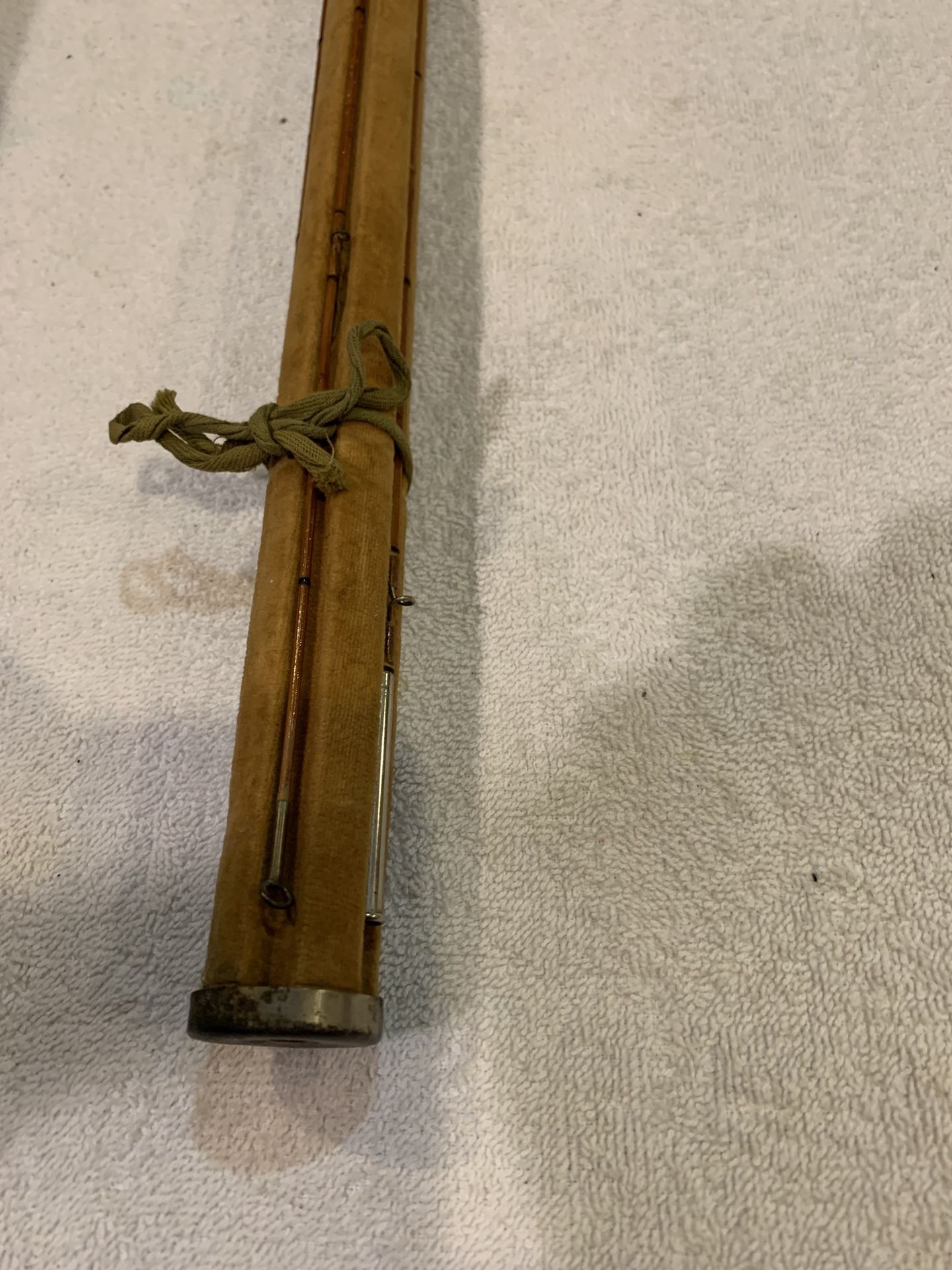 Old bamboo fly rod 3 sections with one extra tip section. 34 1/2 inch sections and one tip section 34 inches guides seem good overall looks good. 140