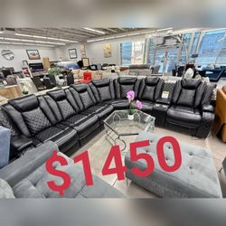 Black Leather Sectional Power recliner sofa with Wireless charging