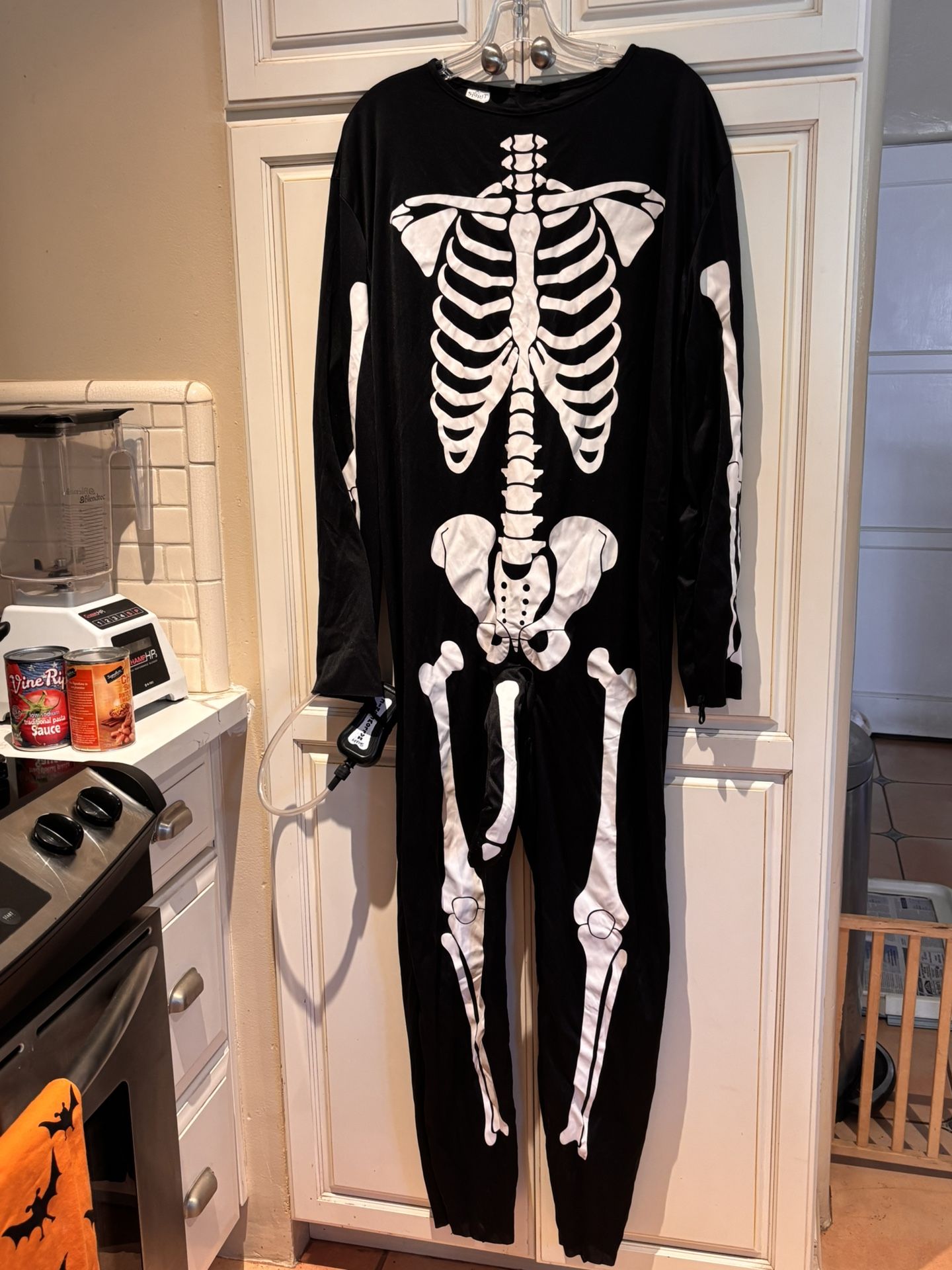 Spirit Halloween skeleton costume jumpsuit with hand pump boner- just add your own trench coat!