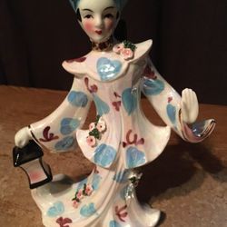 1956 Signed Geo Z. Left In Porcelain East Asian Dancer With Lantern Boy