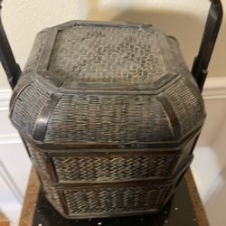 Antique Chinese 3- Tiered Wicket and Bamboo Lunch Basket 13.5”
