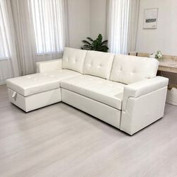 White Reversible Sectional Sofa with Bed Pullout & Storage