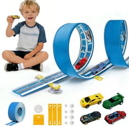 Flexible Race Track for Kids, 16.4 Ft Roll-Up Track for 1/64 Diecast Cars Portable Roll-Up Design, Strong Suction Cups, Easy Storage, Indoor & Outdoor