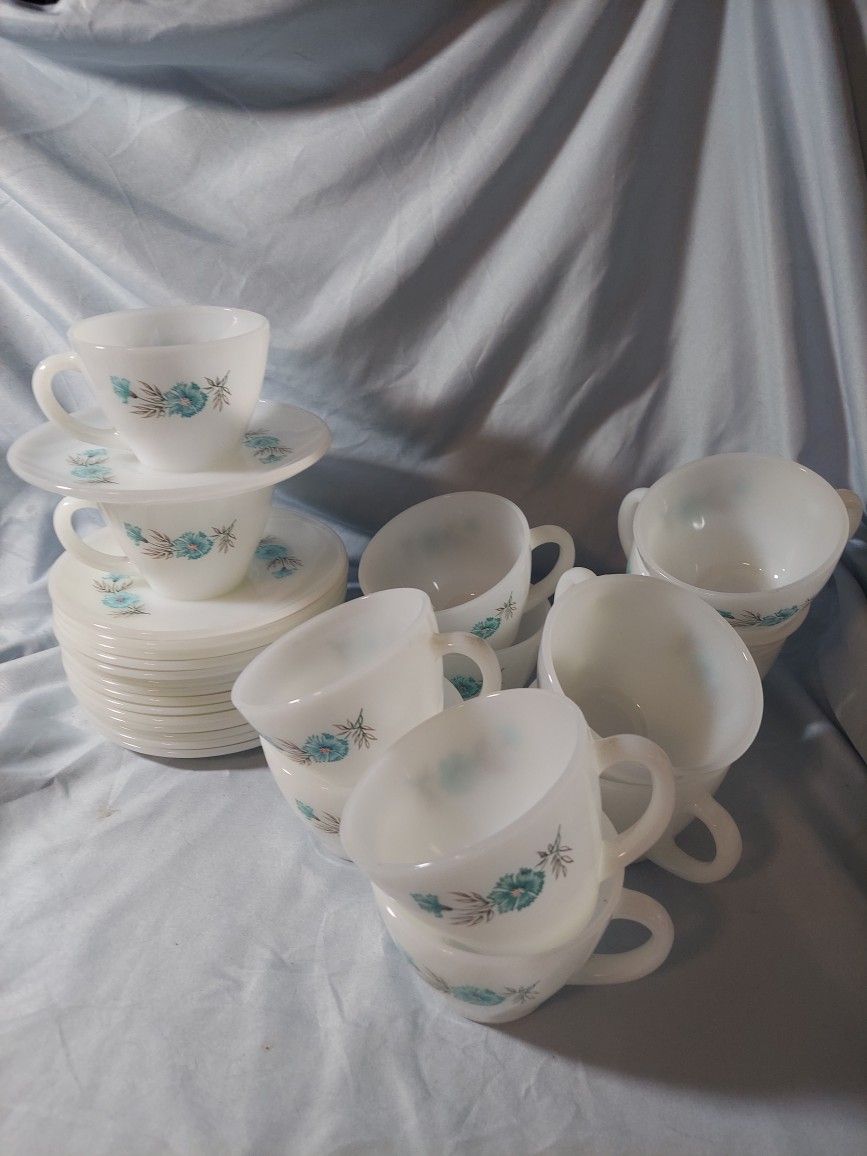 Vintage Fire King Anchor Hocking Bonnie Blue teacups and saucers