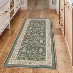 2x5 Rug Runner Washable: Non-Slip Oriental Floral Carpet for Bathroom Kitchen Hallway - Farmhouse Low Pile Stain Resistant Long Thin Front Door Mat 2x