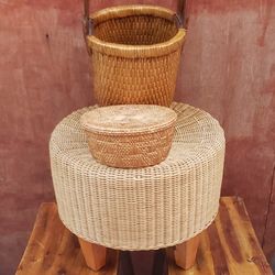 VINTAGE HANDWOVEN  WICKER AND BAMBOO FOOTSTOOL OTTOMAN  / FISHERMAN RICE GATHERING BASKET / SMALL WOVEN BASKET  